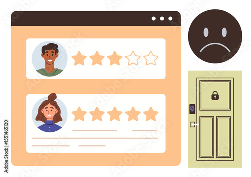 Webpage rating reviews with stars, profiles, sad face, locked door with keypad. Ideal for feedback, security, evaluation, customer experience, data privacy rating simple flat metaphor