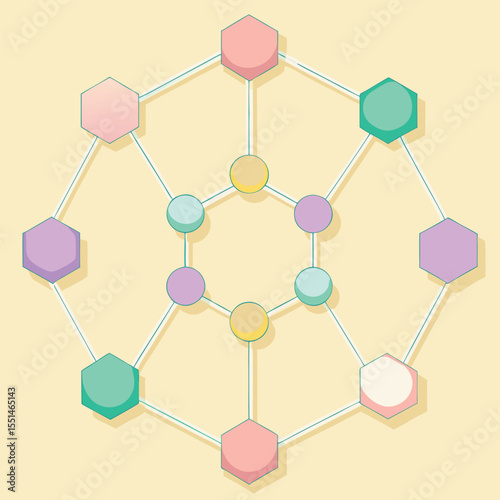 Abstract geometric pattern with connected hexagons and circles in pastel colors vector illustration