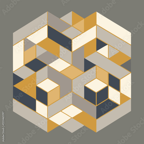 Abstract geometric pattern with isometric cube design in mustard navy and gray hues
