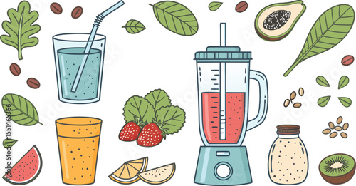 set of food and drinks Flat Icon Set of Homemade Smoothies and Blender Drinks on White Background Includes Smoothie Glass, Fruit Chunks, Leafy Greens, Blender.
