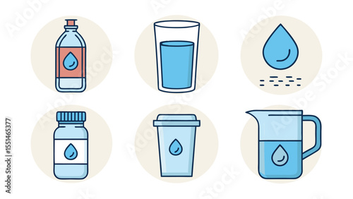 set of blue water bottles Flat Icon Set of Hydration and Drinking Water Elements on White Background Includes Water Bottle, Glass of Water, Drop Icon, Filter Jug.