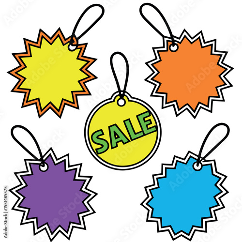 Collection of colorful starburst sale tags and price tags isolated on white background