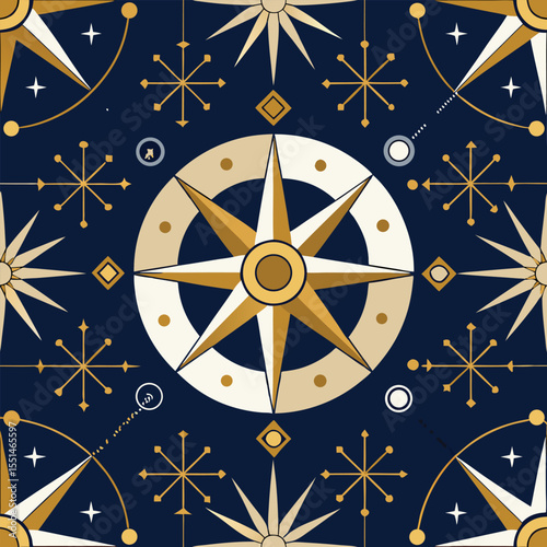 Celestial navigation vintage inspired geometric pattern seamless vector background on deep blue