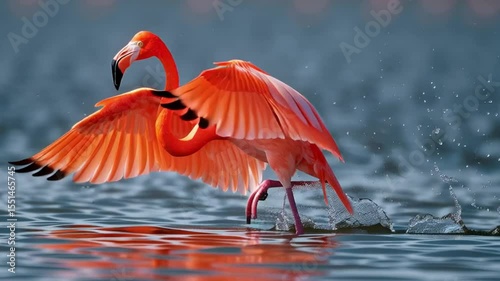 Vibrant Pink Flamingo Spreading Wings in Calm Water Under Bright Sunlight