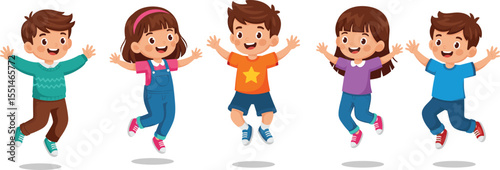 Happy cartoon children jumping in joy, cute boys and girls, playful kids illustration, isolated on white, cheerful, colorful, fun, happiness, energetic young kids, scho

 flat vector illustration