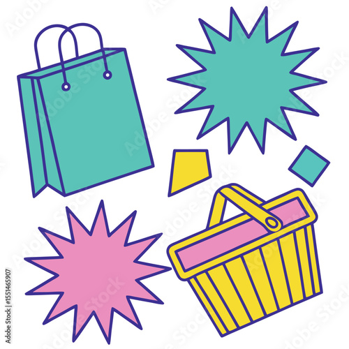 Shopping bag and basket with colorful starbursts and geometric shapes isolated on white background