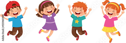Happy cartoon children jumping together, smiling boys and girls, playful kids in colorful clothes, joyful expression, white background, vector illustration

 flat vector illustration