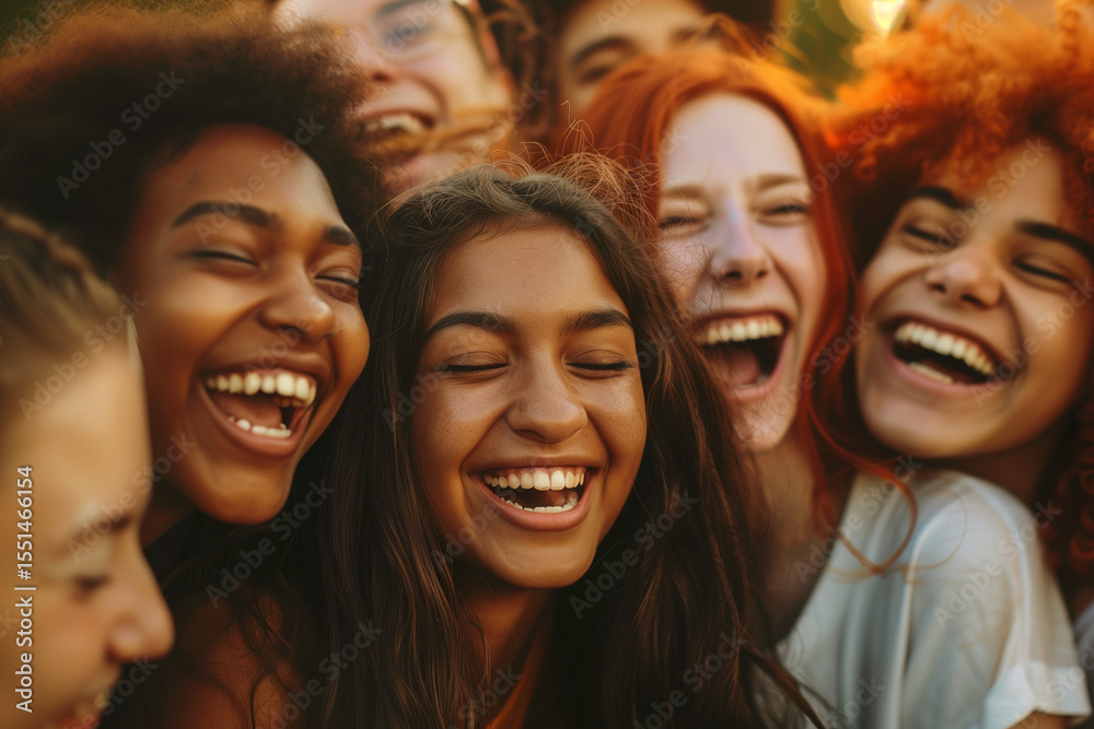 Fototapeta premium Close-up candid moment of diverse friends sharing laughter and joy outdoors at golden hour