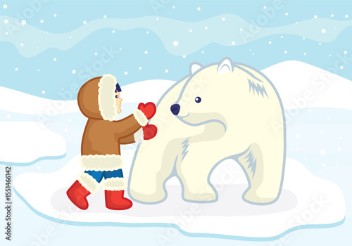 Charming eskimo family illustration in traditional arctic clothing and igloo scene
