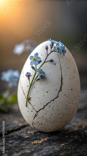 Cracked Easter Egg Decorated with Forget Me Not Flowers Symbolizing New Beginnings and Renewal on a Rustic Wooden Surface with a Soft and Dreamy