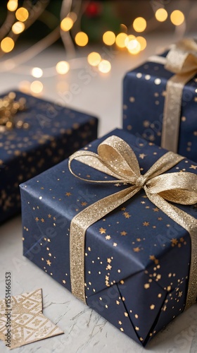 Elegant Christmas Presents Wrapped in Dark Blue Paper with Gold Stars and Glittering Gold Ribbon on a Marble Surface