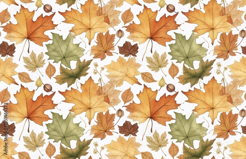 Watercolor autumn leaves seamless tile pattern on white background, fall season concept.