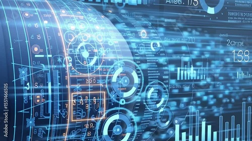 Futuristic Turbine Engine with Digital Interface and Data Visualization Elements in Motion