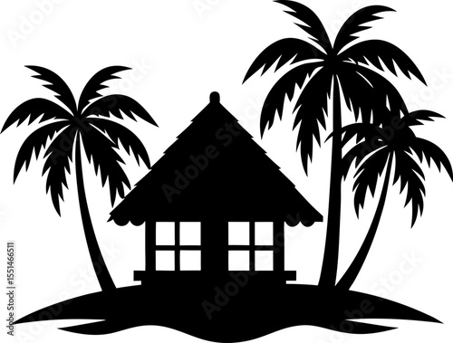 Summer beach hut with coconut palms silhouette vector design