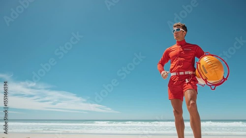 Lifeguard in Bright Red Swimsuit with Yellow Lifebuoy on Sunny Beach Under Clear Blue Sky