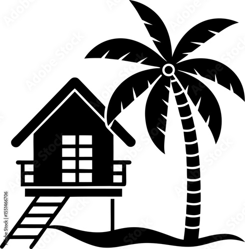 Summer beach hut with coconut palms silhouette vector design