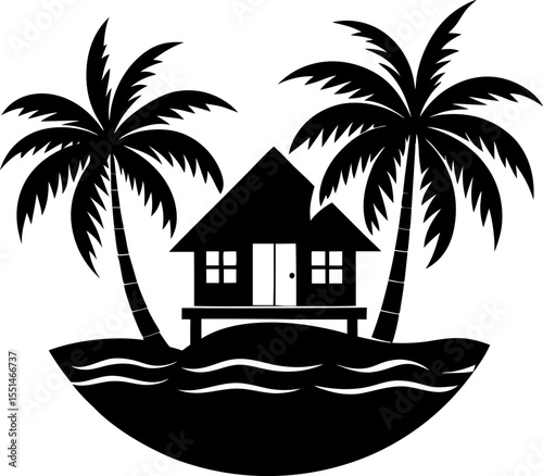 Rustic beach house with palm trees scene in black silhouette vector