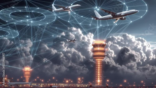 Futuristic Airport Scene with Airplanes and Data Connections at Night Showing Advanced Technology and Innovation