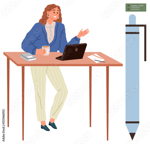Woman gesturing while working on laptop at a desk with coffee mug, notebook, paper, oversized pen. Ideal for creativity, brainstorming, productivity, education, design innovation simple flat