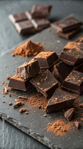 Delicious Dark Chocolate Chunks with Cocoa Powder on a Slate Board Perfect for Dessert Baking or a Sweet Treat Indulgence