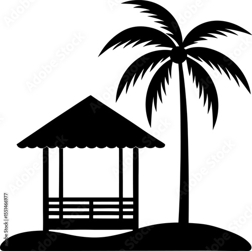 Palm tree and seaside bungalow silhouette vector isolated on white