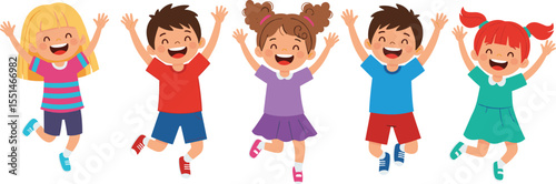 Group of cartoon children jumping with joy, happy kids smiling, colorful clothes, fun illustration, playful energy, white background, vector art

 flat vector illustration