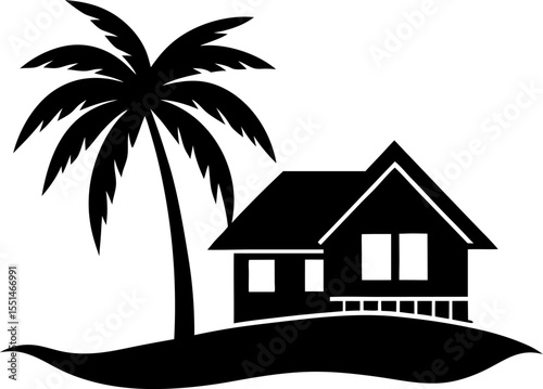 Palm tree and seaside bungalow silhouette vector isolated on white