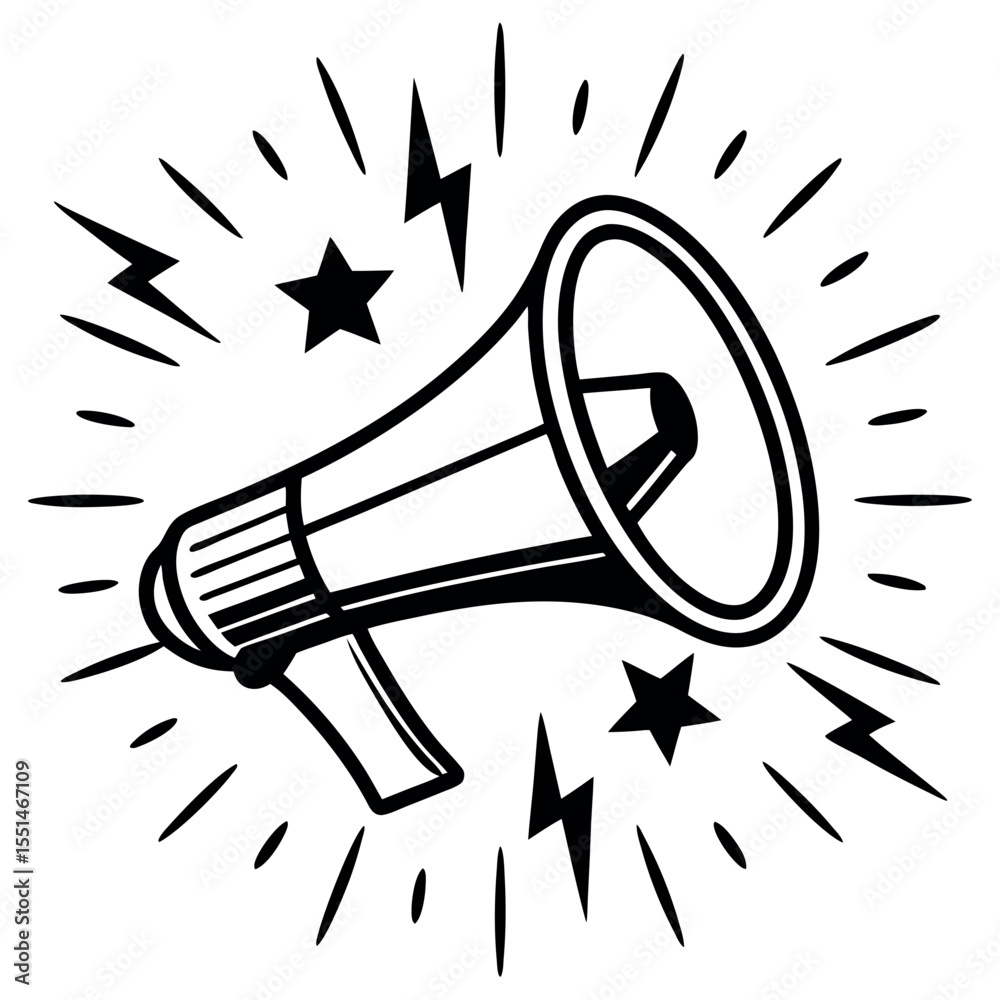 Fototapeta premium Retro megaphone with lightning bolts and stars isolated on white background