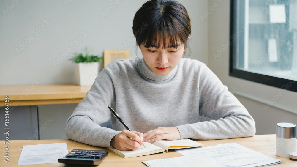 Young woman in a grey sweater writing in a notebook while working at a desk with documents and a calculator. Focused and productive work environment. Office task. Young woman in a grey sweater writing in a notebook while working at a desk with documents and a calculator. Focused and productive work environment. Office task.