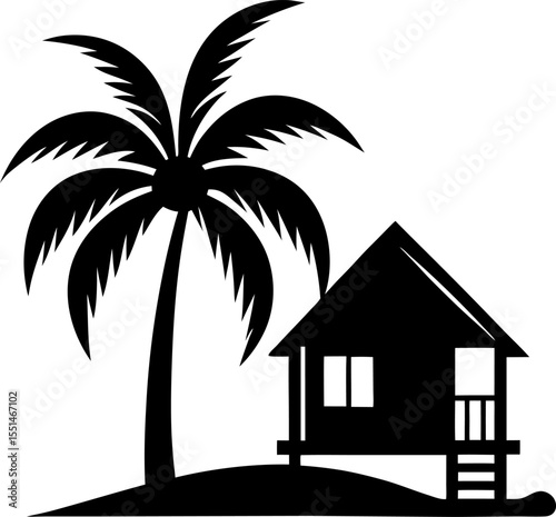 Palm tree and seaside bungalow silhouette vector isolated on white