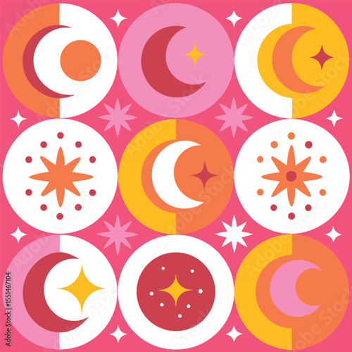 Retro pink geometric pattern with moon and star motifs celestial arrangement design