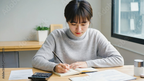 Young woman in a grey sweater writing in a notebook while working at a desk with documents and a calculator. Focused and productive work environment. Office task.