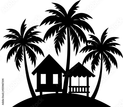 Tropical beach house with coconut trees silhouette on white background