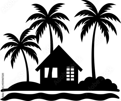 Tropical beach house with coconut trees silhouette on white background
