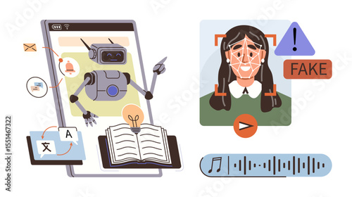 AI robot automating tasks on a tablet, including text translation, deepfake detection, and audio processing. Ideal for technology, AI ethics, cybersecurity, digital media, automation machine