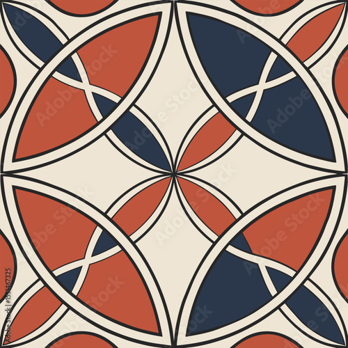 Seamless geometric pattern of interlocking curves in dark blue and red ochre palette decorative style