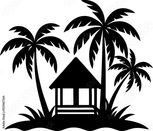 Tropical beach house with coconut trees silhouette on white background