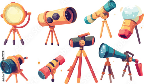 Collection of Cartoon Telescopes and a Globe on Tripods Isolated on White