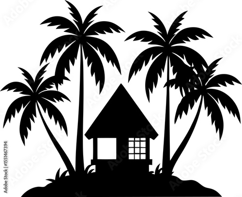 Tropical beach house with coconut trees silhouette on white background