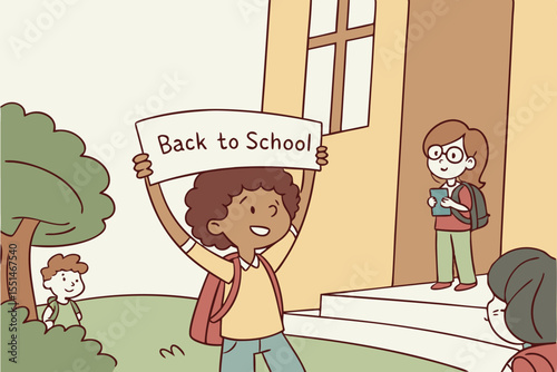 Happy cartoon mother and kids illustration, a drawing of a smiling mom and her children having fun at school