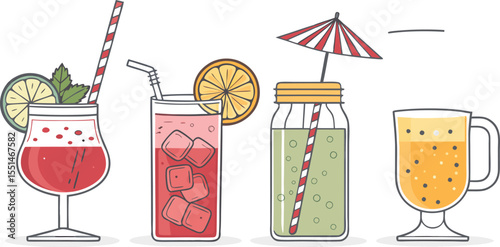 glasses of juice Flat Icon Set of Party Drinks and Decorative Beverages on White Background Includes Fruit Punch, Decorative Glass, Cocktail, Drink Jar.