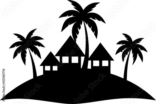 Beach house with palm trees silhouette vector illustration on white background