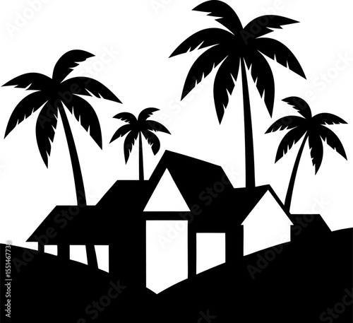 Beach house with palm trees silhouette vector illustration on white background