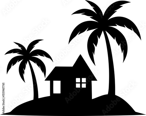 Beach house with palm trees silhouette vector illustration on white background
