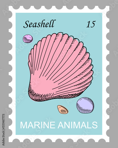 Postage stamp with shell and pebbles. Pink marine seashell on sky blue background. Cartoon. Hand drawn vector. Sketch style.