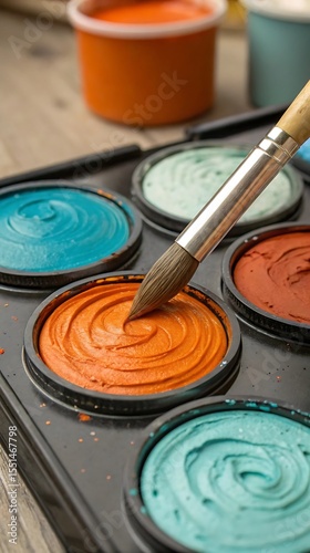 Close up of a paint brush dipping into orange paint in a palette with other colors for artistic creation