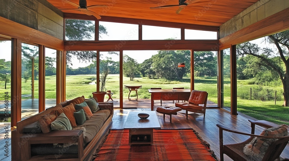 Fototapeta premium Modern living room with expansive windows offering scenic views of a lush green landscape, featuring wooden floors and furniture