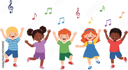 Happy cartoon kids dancing with music notes, diverse children in colorful clothes, joyful movement, music celebration, white background, vector illustration design

 flat vector illustration