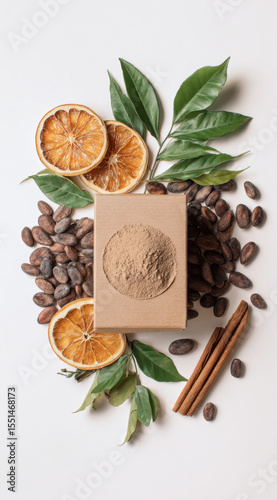 Wallpaper Mural Light brown cardboard box with food powder surrounded by cocoa beans and orange slices with green leaves Torontodigital.ca