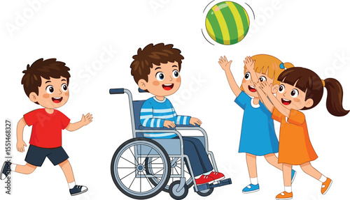 Happy diverse children playing with ball, disabled boy in wheelchair joining friends, inclusive activity, cartoon illustration, smiling, outdoor, vector, fun

 flat vector illustration